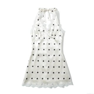 Women's Polka Dot Satin Dress White Black Halter Neck Lace Trim Patchwork Backless Sexy Summer Mini Dress For Streetwear Party Date Night Fashion Clothing
