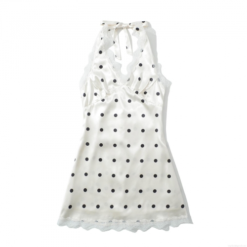 Women's Polka Dot Satin Dress White Black Halter Neck Lace Trim Patchwork Backless Sexy Summer Mini Dress For Streetwear Party Date Night Fashion Clothing