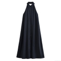 Women Summer Sexy Backless Linen Halter Neck Maxi Dress Fashion Sleeveless Single Breasted A-Line Long Dress For Vacation Party Casual Streetwear