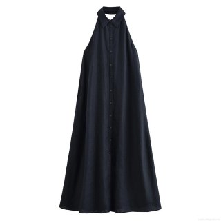 Women Summer Sexy Backless Linen Halter Neck Maxi Dress Fashion Sleeveless Single Breasted A-Line Long Dress For Vacation Party Casual Streetwear