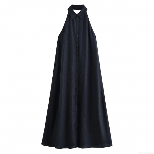 Women Summer Sexy Backless Linen Halter Neck Maxi Dress Fashion Sleeveless Single Breasted A-Line Long Dress For Vacation Party Casual Streetwear