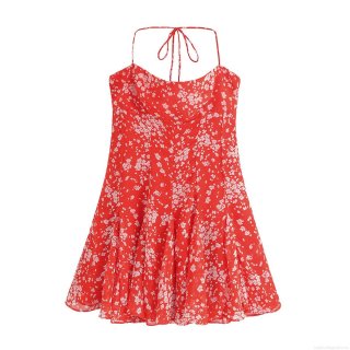 Women's Red Floral Print Halter Neck Mini Dress Polyester Sleeveless Backless Camisole Sundress For Summer Beach Vacation Sexy Bodycon A-Line Dress