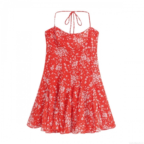 Women's Red Floral Print Halter Neck Mini Dress Polyester Sleeveless Backless Camisole Sundress For Summer Beach Vacation Sexy Bodycon A-Line Dress