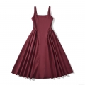 Women's Sexy Wine Red Midi A-Line Dress Square Neck Sleeveless Cotton Polyester Camisole Dress Summer Streetwear Party Outfits Lady Back Zipper Fashion