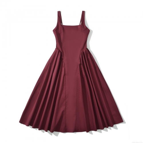 Women's Sexy Wine Red Midi A-Line Dress Square Neck Sleeveless Cotton Polyester Camisole Dress Summer Streetwear Party Outfits Lady Back Zipper Fashion