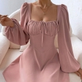 Women's Elegant 100% Polyester Square Neck Puff Sleeve Mini Dress Sweet Waist-Nipping A-Line Pink Pleated Party Dress for Women
