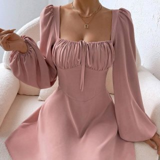 Women's Elegant 100% Polyester Square Neck Puff Sleeve Mini Dress Sweet Waist-Nipping A-Line Pink Pleated Party Dress for Women