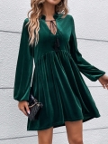 Women's Elegant Velvet V Neck Mini Dress With Long Bubble Sleeve And Tassel Drawstring Waist-Cinching A-Line Swing Party Dress For Autumn Winter