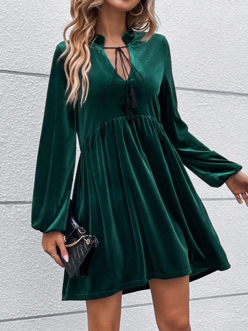 Women's Elegant Velvet V Neck Mini Dress With Long Bubble Sleeve And Tassel Drawstring Waist-Cinching A-Line Swing Party Dress For Autumn Winter