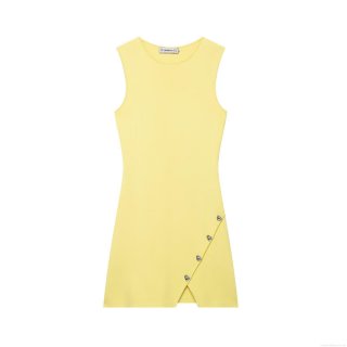 Women's Sleeveless Knit Mini Dress With Heart Metal Buttons Side Slit Round Neck Summer Slim Fit Polyester Knitwear Dress Casual Party Yellow