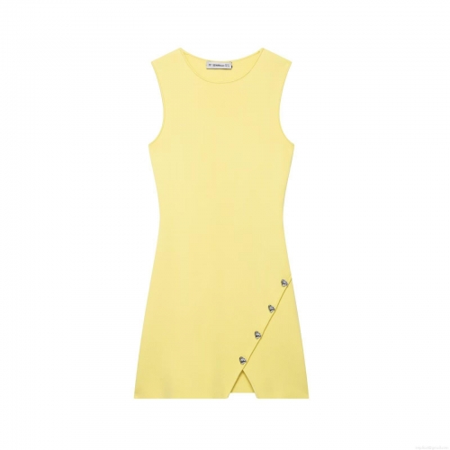 Women's Sleeveless Knit Mini Dress With Heart Metal Buttons Side Slit Round Neck Summer Slim Fit Polyester Knitwear Dress Casual Party Yellow
