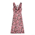 Summer Women Street Cowl Neck Backless Sling Dress Vintage Brown Pink Rose Floral Print Lightweight Cotton Chiffon Maxi Dress For Vacation Beach Party