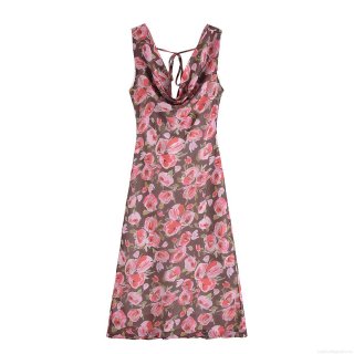 Summer Women Street Cowl Neck Backless Sling Dress Vintage Brown Pink Rose Floral Print Lightweight Cotton Chiffon Maxi Dress For Vacation Beach Party
