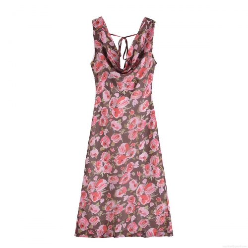 Summer Women Street Cowl Neck Backless Sling Dress Vintage Brown Pink Rose Floral Print Lightweight Cotton Chiffon Maxi Dress For Vacation Beach Party