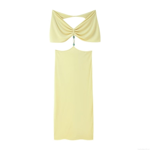 Women Sexy Halter Neck Hollow Out Bodycon Maxi Dress With Beaded Detail Sleeveless Ruched Summer Party Long Dress Polyester Knit Streetwear