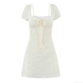 French Retro White Floral Embroidery Mini Dress For Women Summer Lace Trim Puff Sleeve Cotton Ruched A-Line Short Dress Square Neck Tie Front Fairy Style