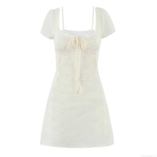 French Retro White Floral Embroidery Mini Dress For Women Summer Lace Trim Puff Sleeve Cotton Ruched A-Line Short Dress Square Neck Tie Front Fairy Style
