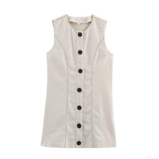 Summer Women Sleeveless Button Front Linen Blend Mini Dress Casual Round Neck Single Breasted Solid Color Street Style Vest Dress Fashionable Vestido