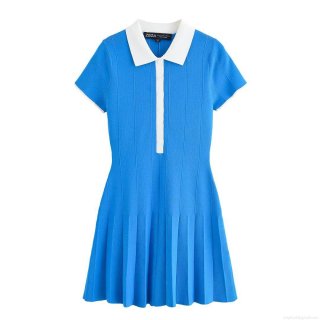 Women's Casual Knitted Polo Mini Dress Short Sleeve Contrast Color Pleated Skirt Shirt Style Polyester Bodycon Dress Streetwear