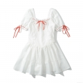 Women's White Eyelet Embroidery Lace Mini Dress Square Neck Puff Sleeve Red Ribbon Bow Sweet French A-Line Cotton Summer Dress