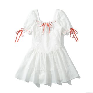Women's White Eyelet Embroidery Lace Mini Dress Square Neck Puff Sleeve Red Ribbon Bow Sweet French A-Line Cotton Summer Dress