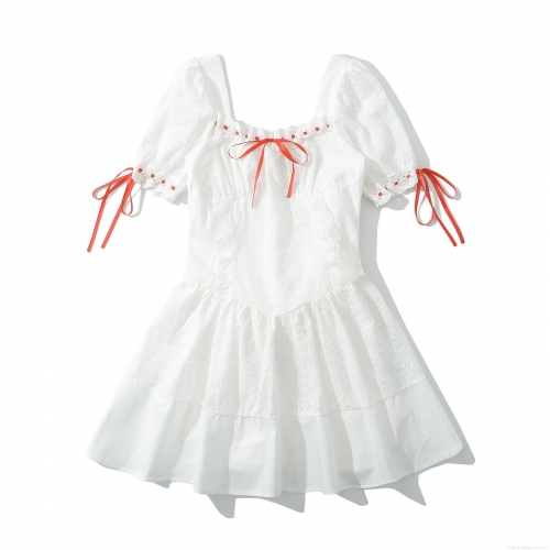 Women's White Eyelet Embroidery Lace Mini Dress Square Neck Puff Sleeve Red Ribbon Bow Sweet French A-Line Cotton Summer Dress