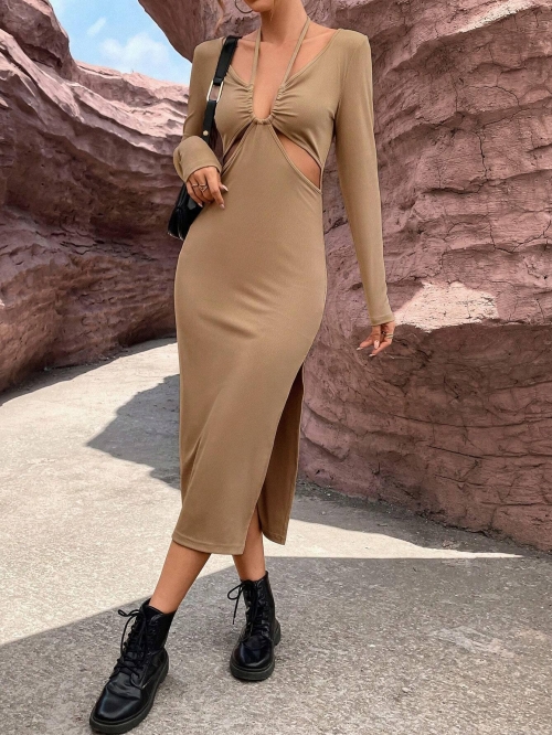 Women's Sexy Hollow Out Ribbed Knit Midi Dress Long Sleeve Halter V Neck Slim Fit Side Slit Bodycon Elegant Khaki Party Clubwear Dresses