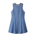 Women's Sleeveless Denim Mini Dress Summer Round Neck A-Line Jean Vest Dress Western Street Style Casual Solid Blue Back Zipper Dress for Ladies