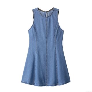Women's Sleeveless Denim Mini Dress Summer Round Neck A-Line Jean Vest Dress Western Street Style Casual Solid Blue Back Zipper Dress for Ladies