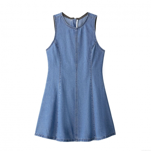 Women's Sleeveless Denim Mini Dress Summer Round Neck A-Line Jean Vest Dress Western Street Style Casual Solid Blue Back Zipper Dress for Ladies