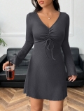 Women's Sexy V Neck Bodycon Mini Dress Long Sleeve Drawstring Ruched Ribbed Knit Dress Elegant Viscose Polyester Elastane Short Dress for Club Party Night Out