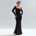 Women's Sexy Square Neck Bodycon Maxi Dress Elegant Long Sleeve Knitted Polyester Spandex Slim Fit Long Gown For Party Evening Wedding Clubwear