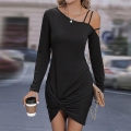 Women's Sexy Black Off Shoulder Mini Dress Long Sleeve Slanted Neck Knot Ruched Hem Knitted Bodycon Party Evening Dress Cotton Polyester Blend