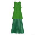 Women Sleeveless U-Neck Pleated Patchwork Maxi Dress Summer Ribbed Knit Top Flowy Satin Skirt Streetwear Casual Solid Color Long Gown