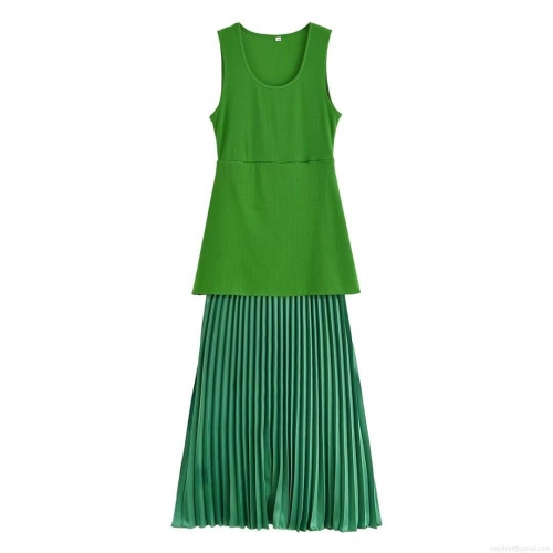 Women Sleeveless U-Neck Pleated Patchwork Maxi Dress Summer Ribbed Knit Top Flowy Satin Skirt Streetwear Casual Solid Color Long Gown