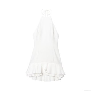 Women's Summer Sexy Halter Neck Backless Tiered Ruffle Mini Dress Elegant Solid White Sleeveless Evening Party Dress for Ladies