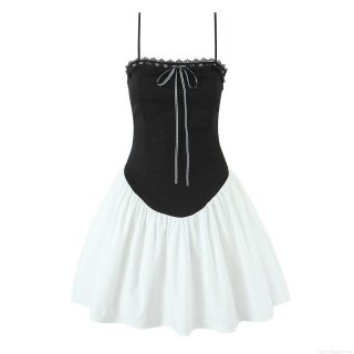 Women's Summer Sexy Black and White Contrast Lace Cami Mini Dress With Bow Detail European Style Cotton Blend Strappy Pleated Dress Streetwear