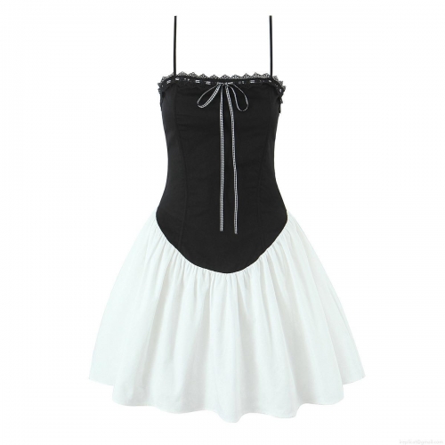 Women's Summer Sexy Black and White Contrast Lace Cami Mini Dress With Bow Detail European Style Cotton Blend Strappy Pleated Dress Streetwear