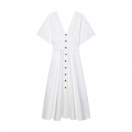 Women's White V Neck Button Down Short Sleeve Midi Dress Sexy Slim Fit A-Line Polyester Summer Casual Streetwear Party Dress For Ladies