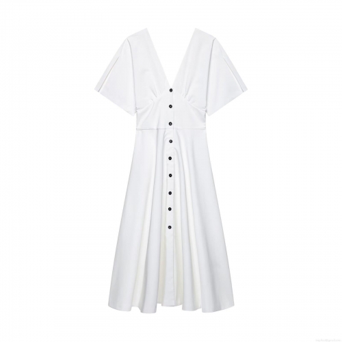 Women's White V Neck Button Down Short Sleeve Midi Dress Sexy Slim Fit A-Line Polyester Summer Casual Streetwear Party Dress For Ladies