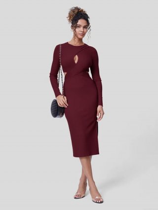 Sexy Wine Red Knit Hollow Out V Neck Midi Dress For Women Long Sleeve Side Split Bodycon Wrap Hip Slim Fit Party Clubwear Elegant Dress