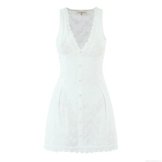 Women's White Hollow Out Embroidery Lace Dress V Neck Sleeveless Button Up Slim Fit Cotton Mini A-Line Dress Summer Vacation Party Sundress