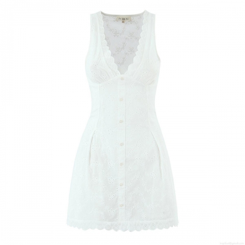 Women's White Hollow Out Embroidery Lace Dress V Neck Sleeveless Button Up Slim Fit Cotton Mini A-Line Dress Summer Vacation Party Sundress