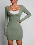 Women Sexy Bodycon Mini Dress Ribbed Knit Square Neck Halter Fake Two Piece Long Sleeve Slim Fit Short Dress For Club Party Evening Night Out