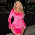 Sexy Square Neck Polyester Elastane Velvet Bodycon Mini Dress For Women Long Sleeve Side Slit Tie Cuff Party Night Out Clubwear Rose Red Skinny Short Dress