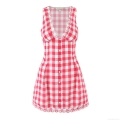 Summer Vintage Gingham Sleeveless Mini Dress With Lace Trim Deep V-Neck Smocking Slim Fit A-Line Plaid Cotton Blend Dress For Women