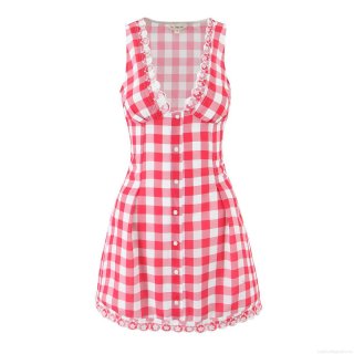 Summer Vintage Gingham Sleeveless Mini Dress With Lace Trim Deep V-Neck Smocking Slim Fit A-Line Plaid Cotton Blend Dress For Women