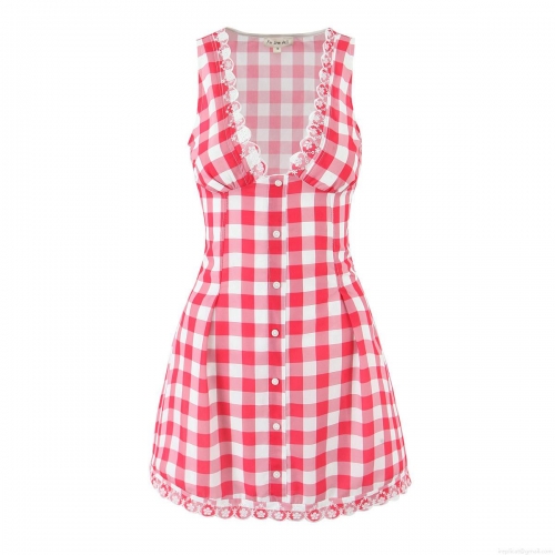 Summer Vintage Gingham Sleeveless Mini Dress With Lace Trim Deep V-Neck Smocking Slim Fit A-Line Plaid Cotton Blend Dress For Women
