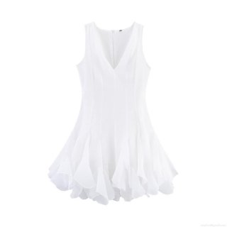 Women's Sexy V Neck Sleeveless Layered Ruffle Tiered Mini Dress Fashion Summer White Chiffon Puffy A-Line Party Dress Evening Gown