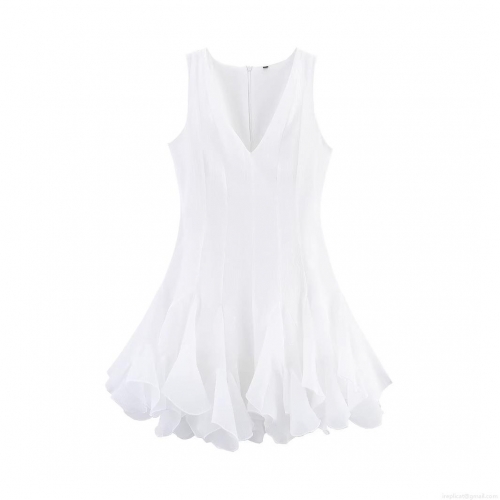 Women's Sexy V Neck Sleeveless Layered Ruffle Tiered Mini Dress Fashion Summer White Chiffon Puffy A-Line Party Dress Evening Gown